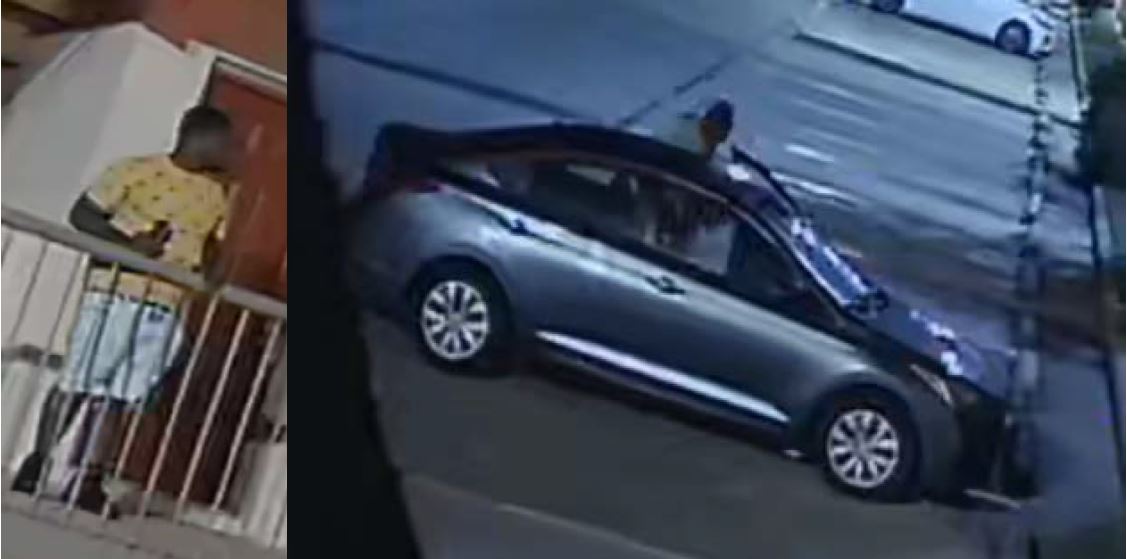 Two photo collage of suspect at Super 8 motel at balcony (left) and car in parking lot (right)